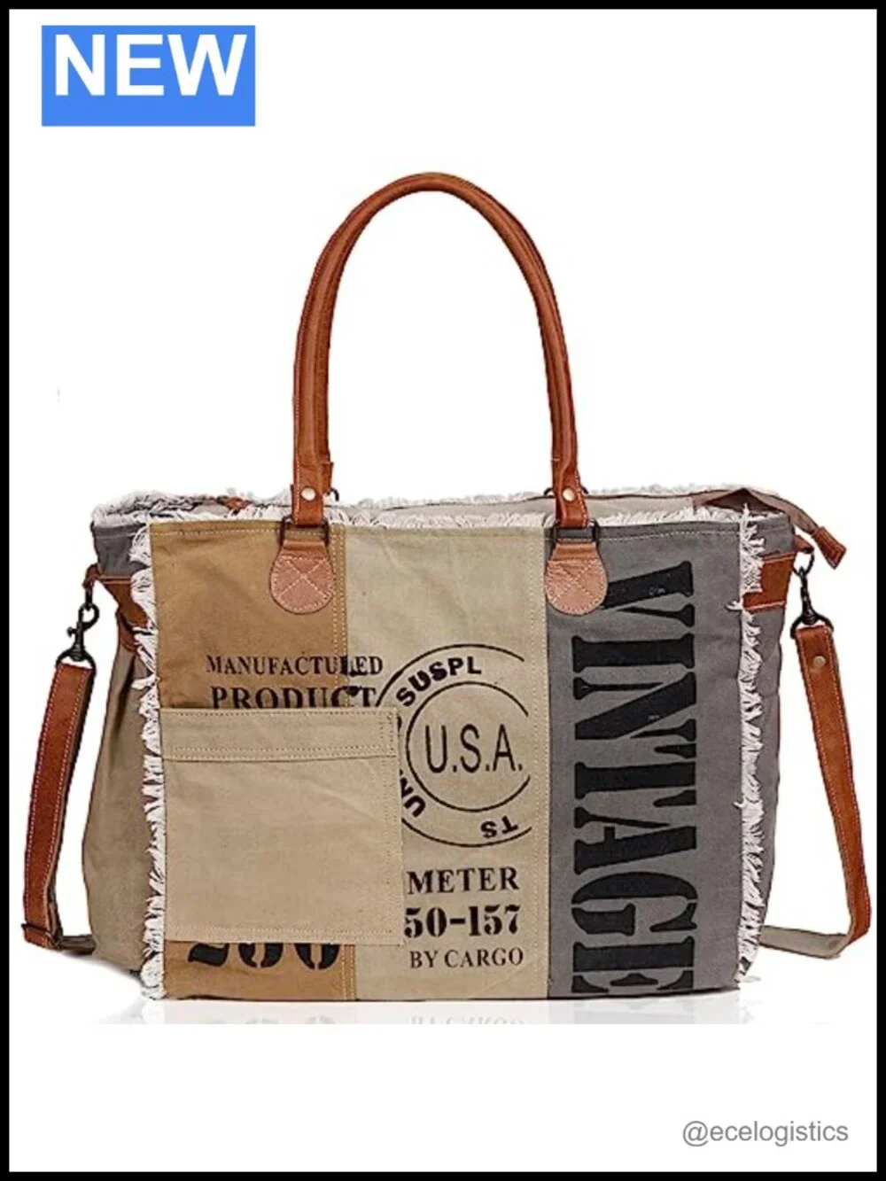 Vintage Patchwork Canvas Tote Bag with Leather Handles